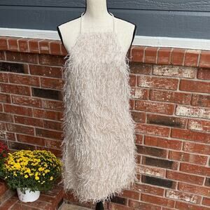 Trina Turk Feathered Metallic Textured Cream Fringe Mini Dress Size 8